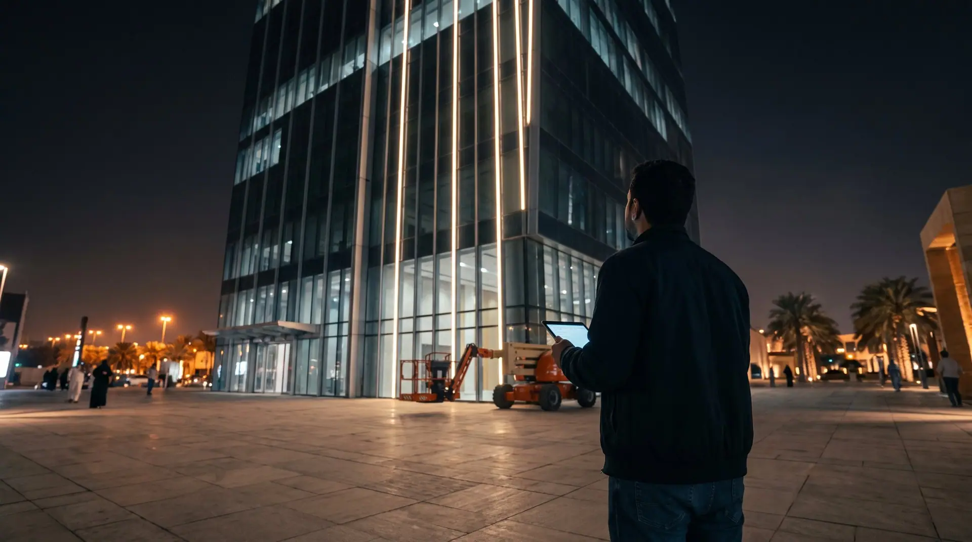 Lighting designer with a tablet in front of a tower whose facade lighting is being commissioned