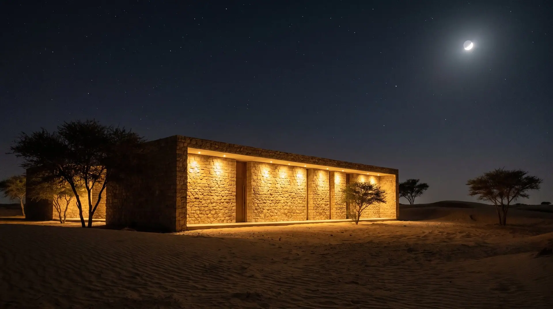 Low-rise building with downward facade lighting under a starry desert sky
