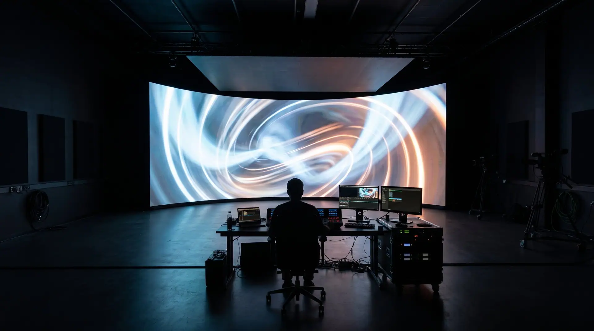 Curved LED wall showing abstract content in a production studio