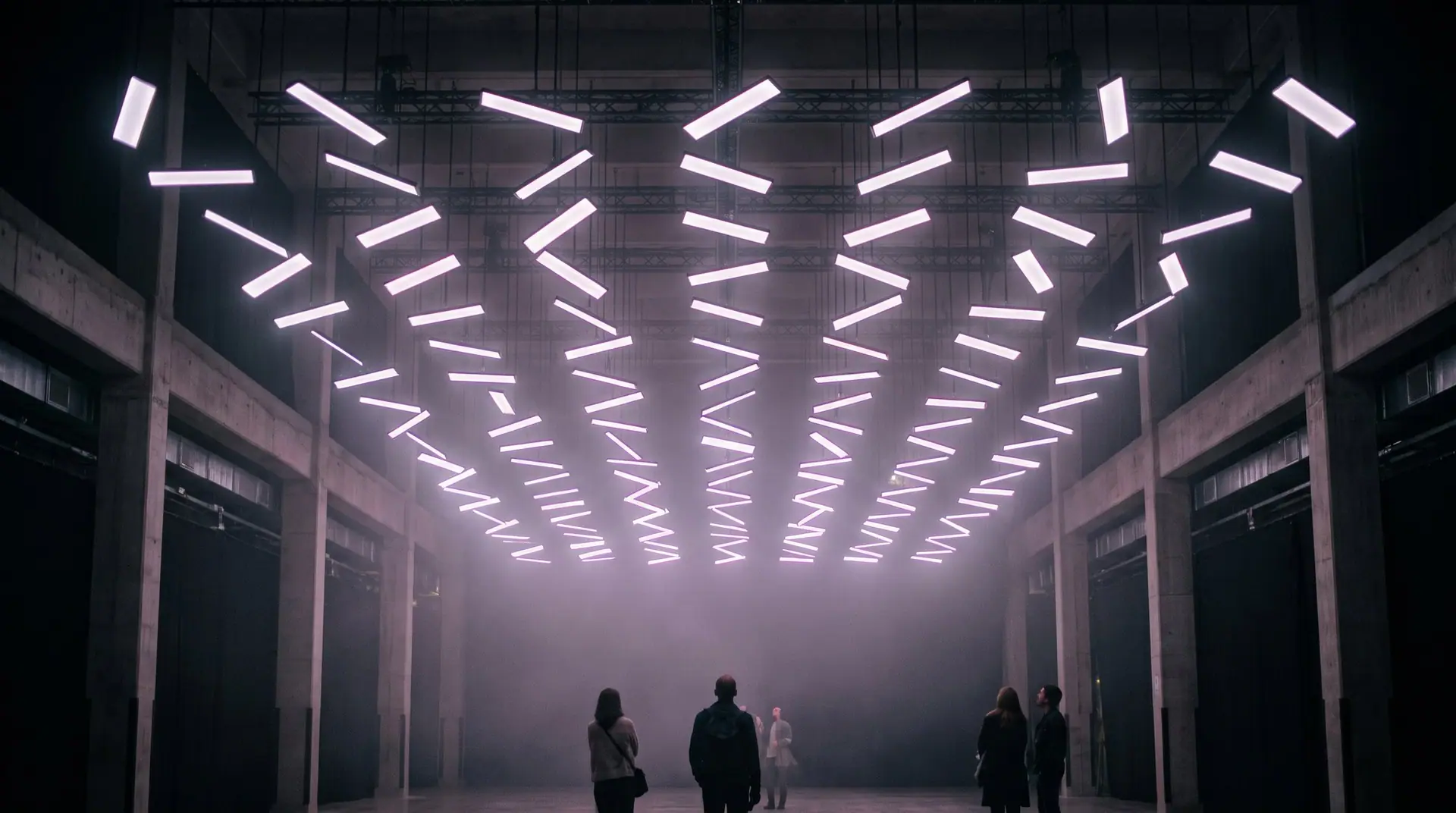 Kinetic LED panels moving above visitors in a dark hall