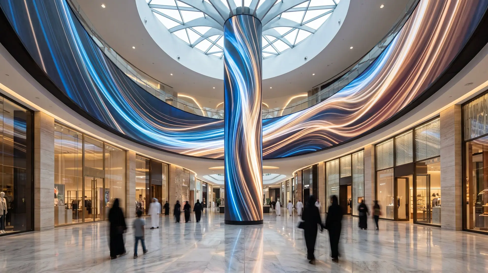 Mall atrium with a vertical LED column and curved screens