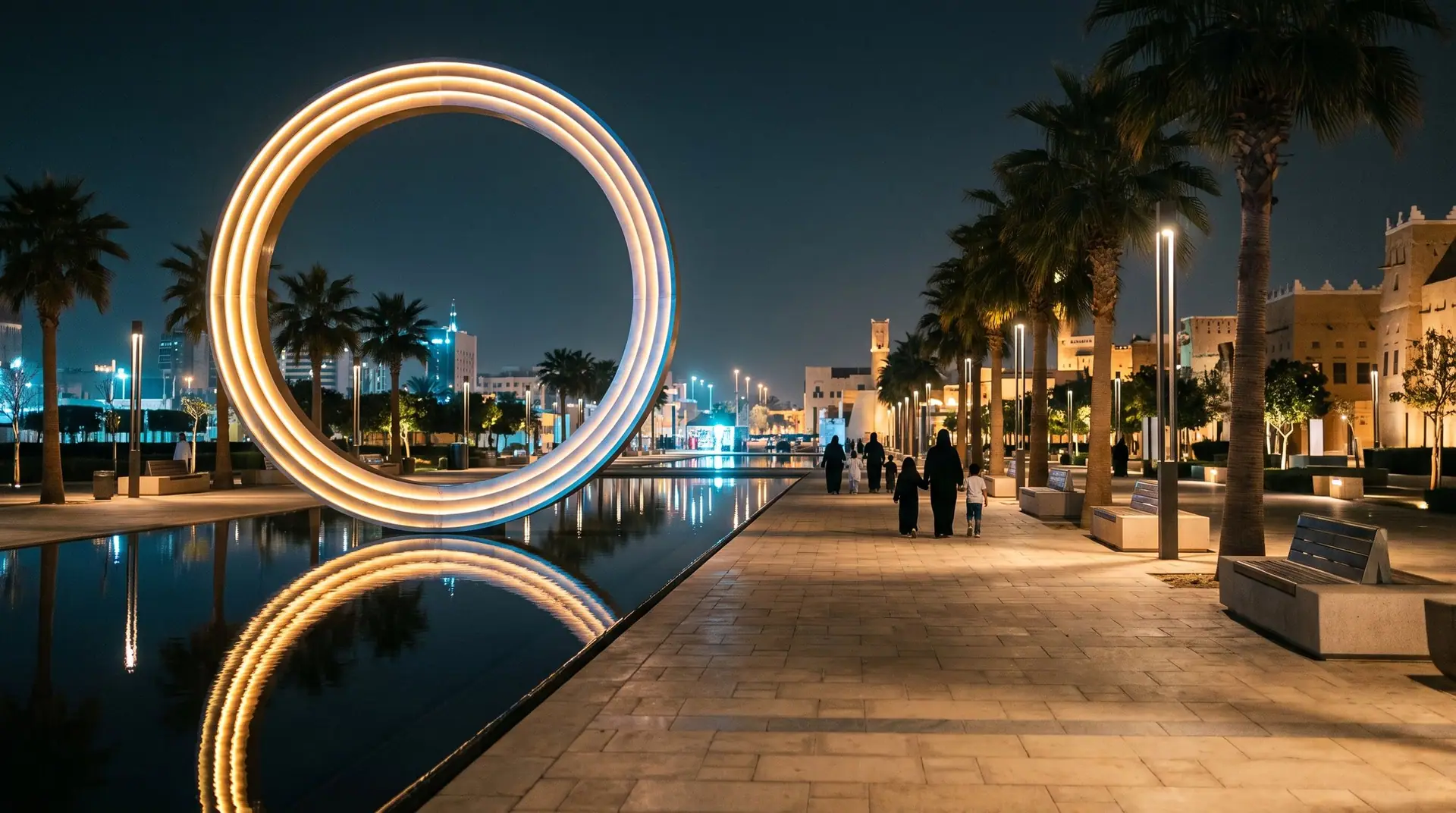 Park promenade with an illuminated ring sculpture