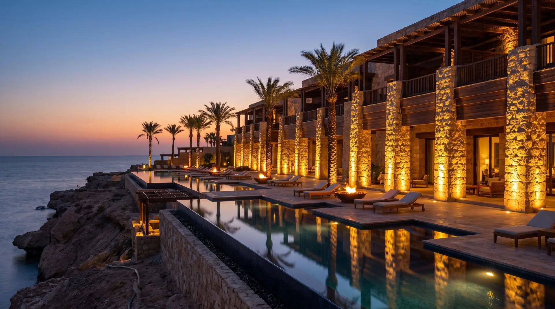 Resort facade with warm architectural lighting at dusk
