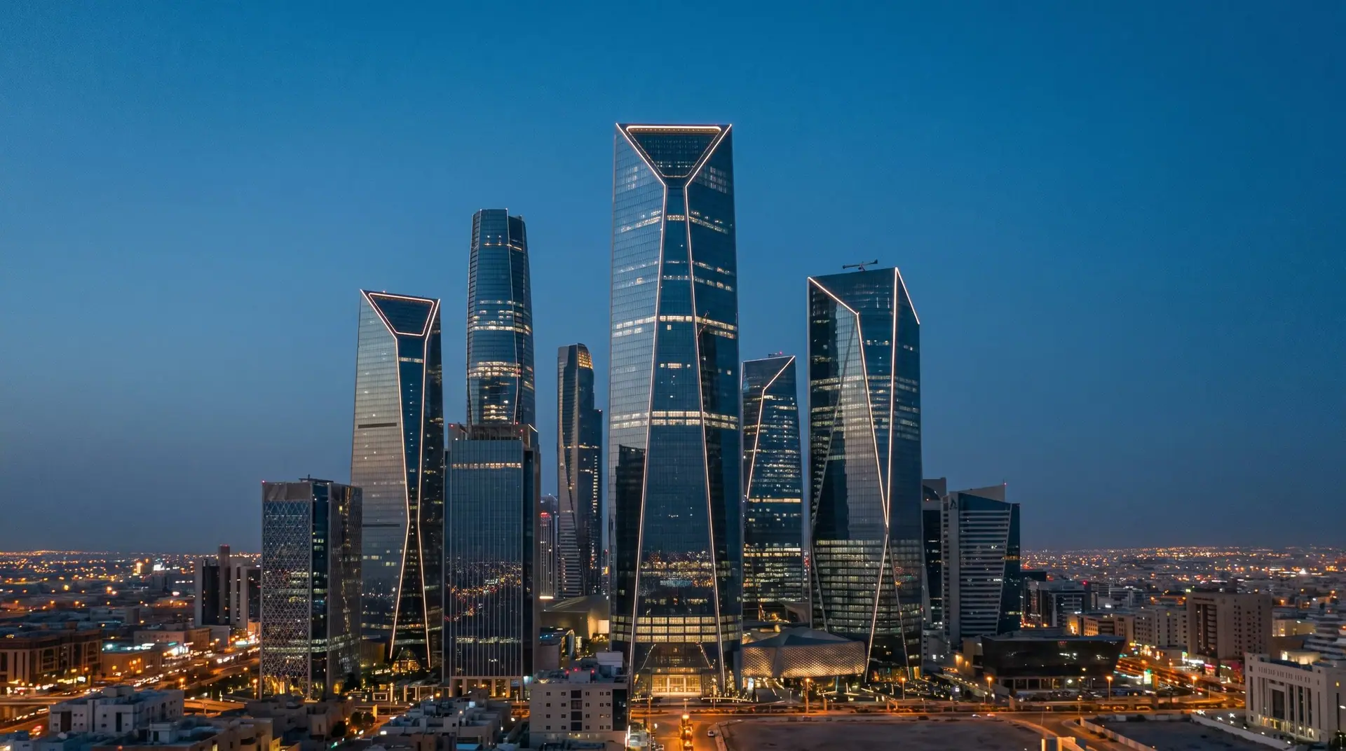 Riyadh towers with architectural lighting at blue hour