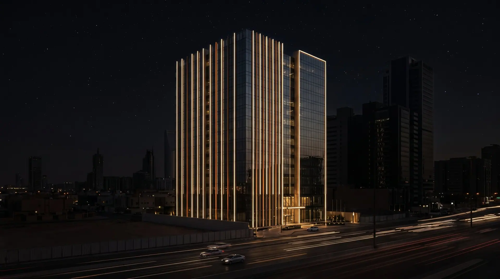 Tower in Riyadh with warm linear lighting tracing its edges at night