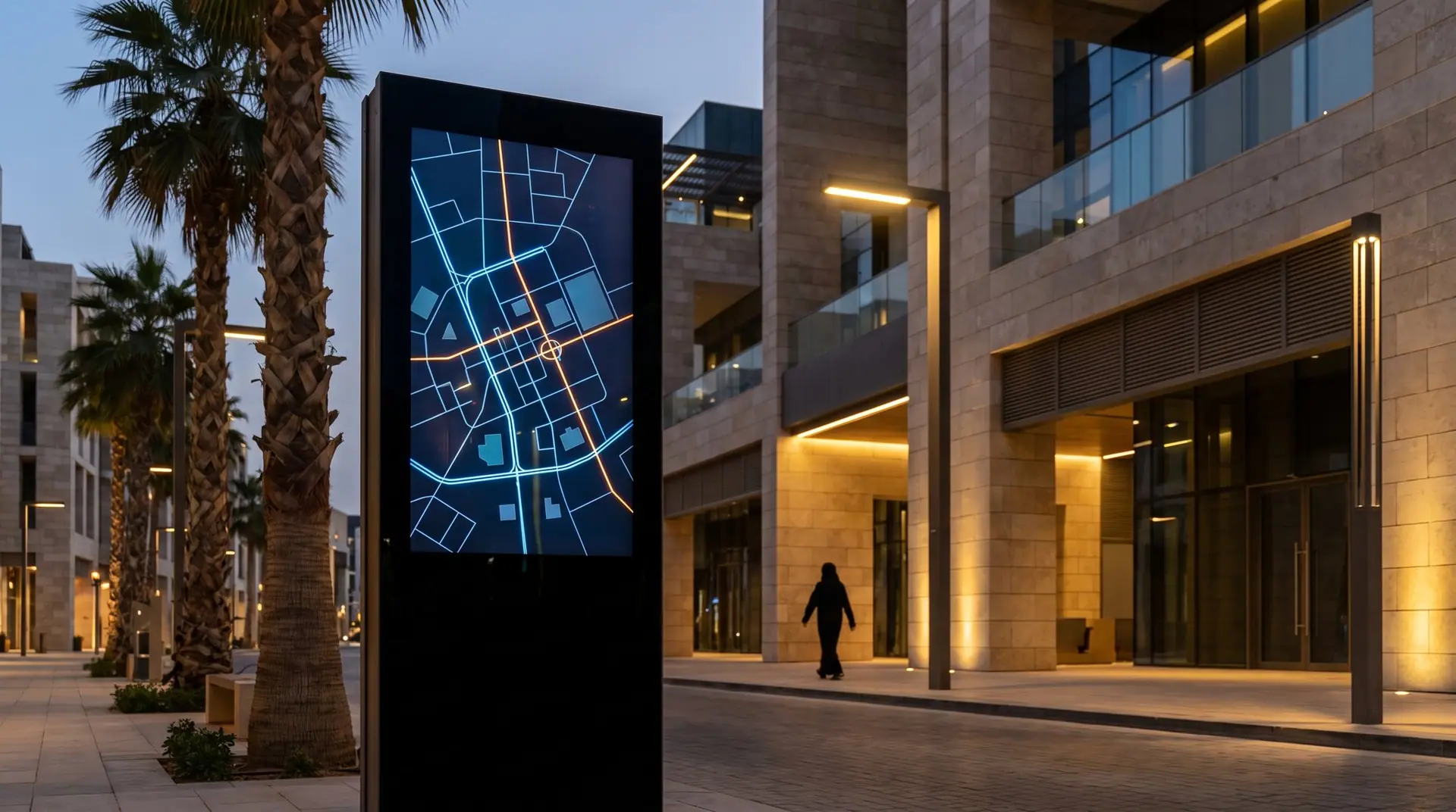 Digital wayfinding totem on a Riyadh boulevard at dusk