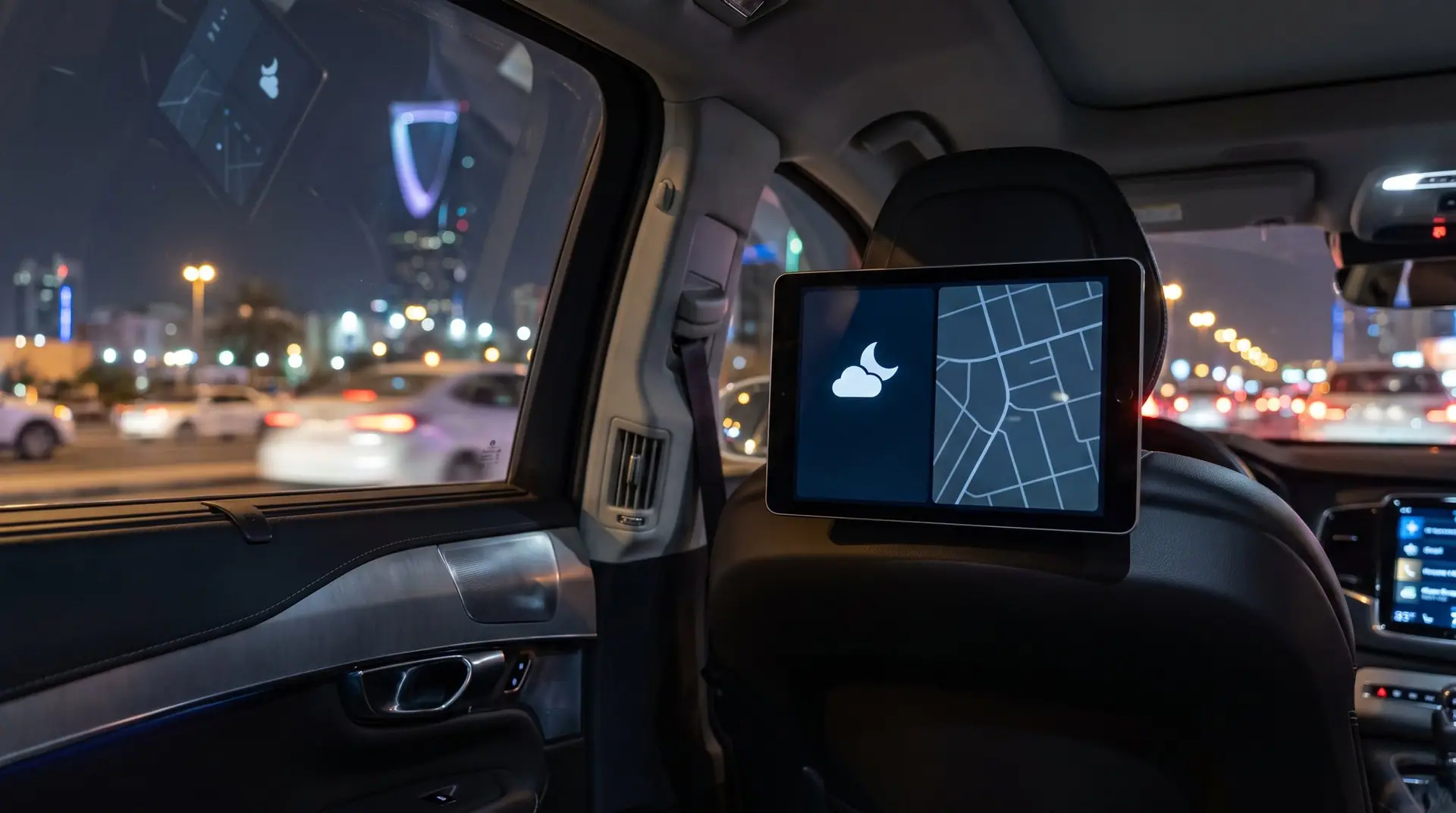 Passenger screen mounted on a headrest inside a taxi at night