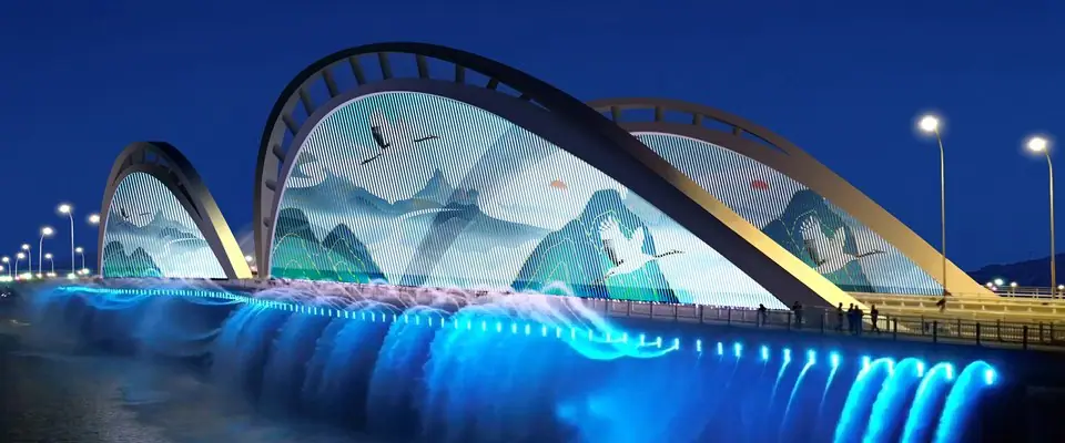 Arched bridge with blue linear lighting reflected in water