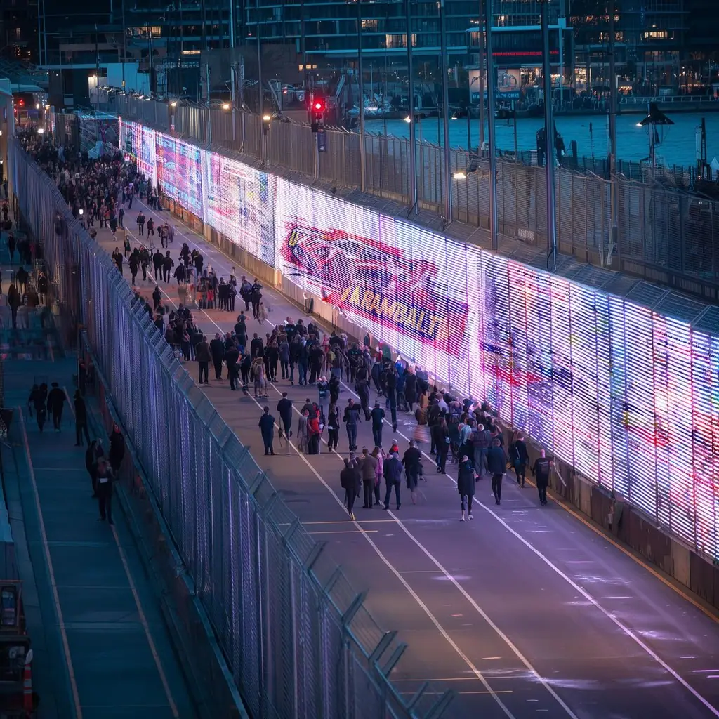 Transparent LED mesh over a glazed façade with pedestrians below