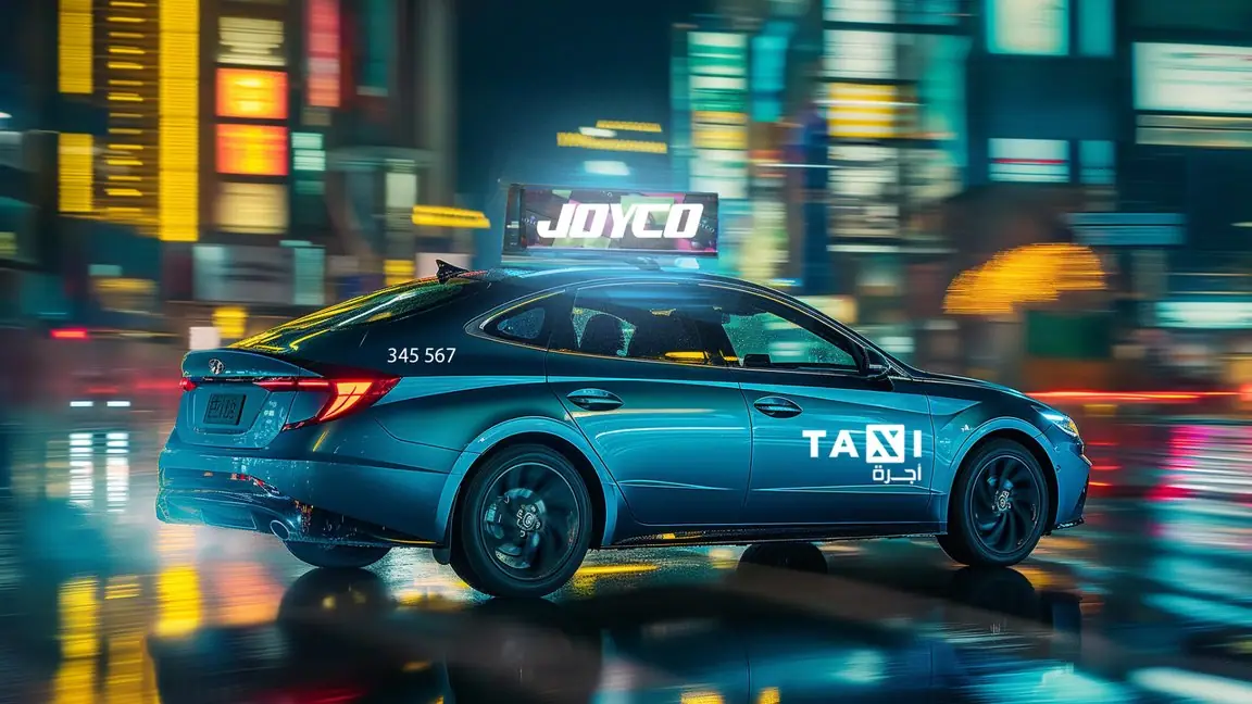 Taxi with a rooftop LED display moving through a city at night